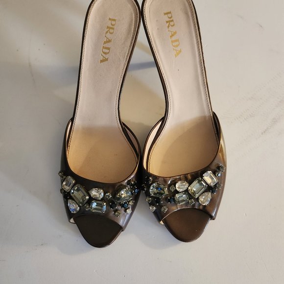 PRADA Jeweled Peep Toe Copper Mules - Picture 1 of 3